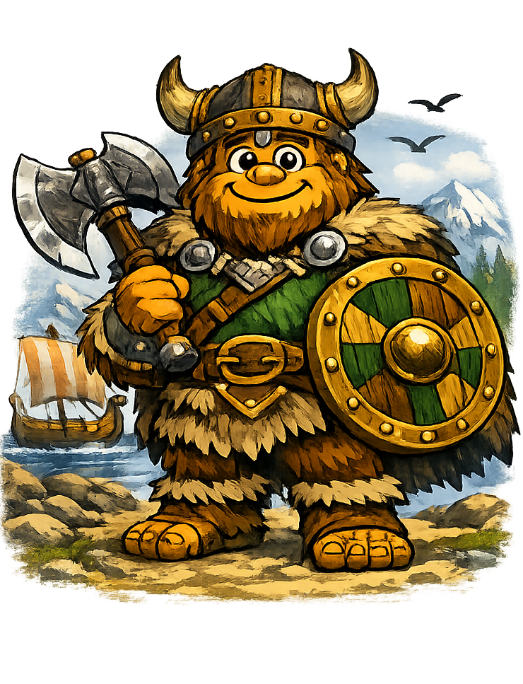 The TGO viking sasquatch, standing ready with axe and shield